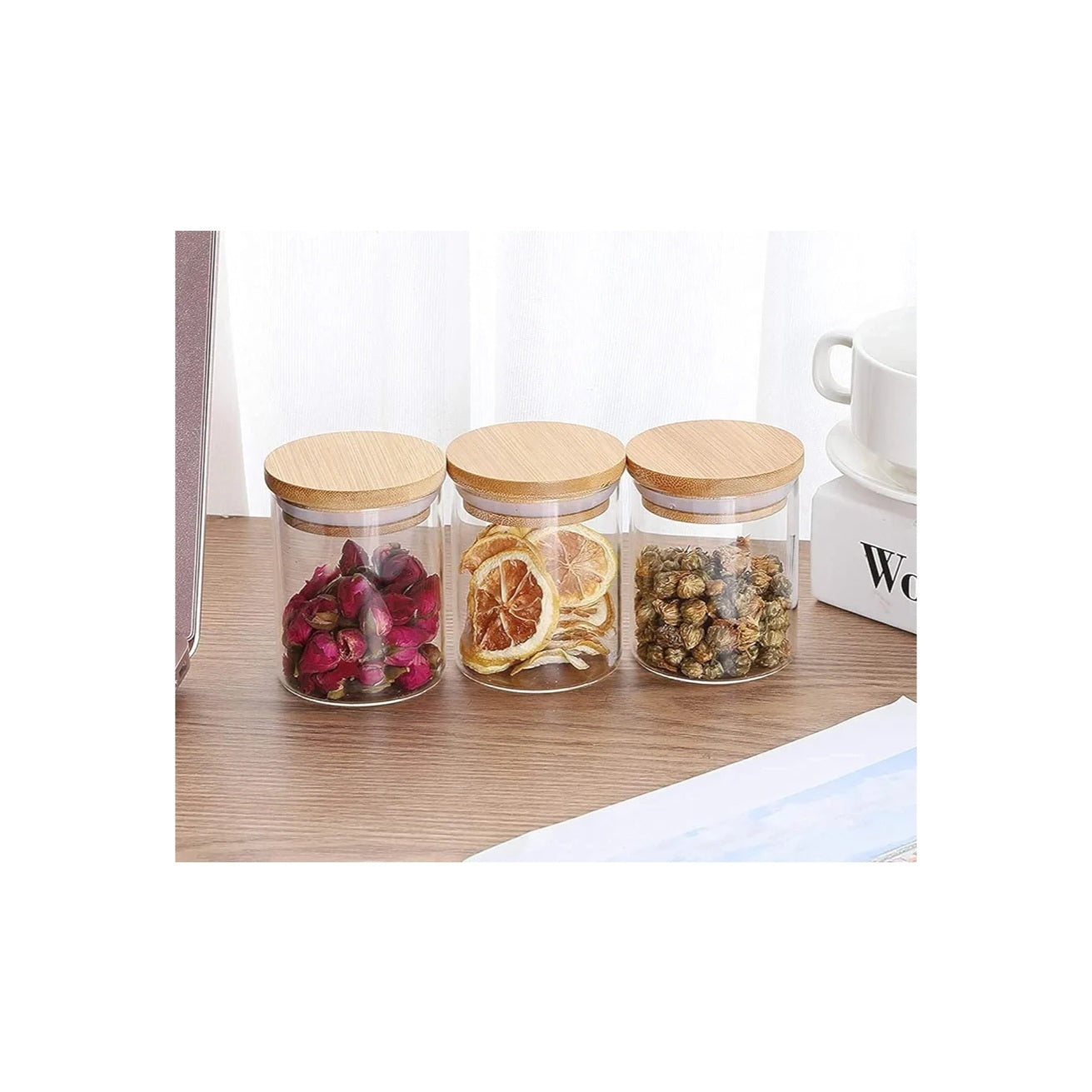 220ml Borosilicate Wooden Lid Glass Jars of 3 Piece Set Packing used Like Storges and Candle Making Jars
