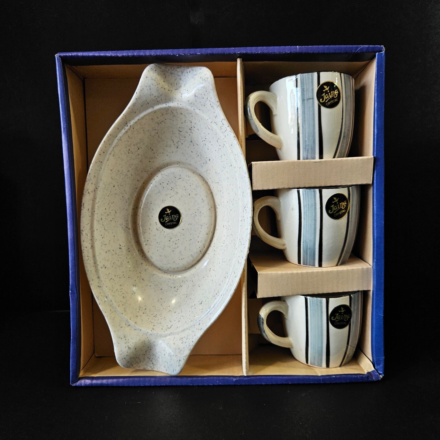 Jaina Crystal Blue heaven serving platter with 3 pieces set Ceramic cups