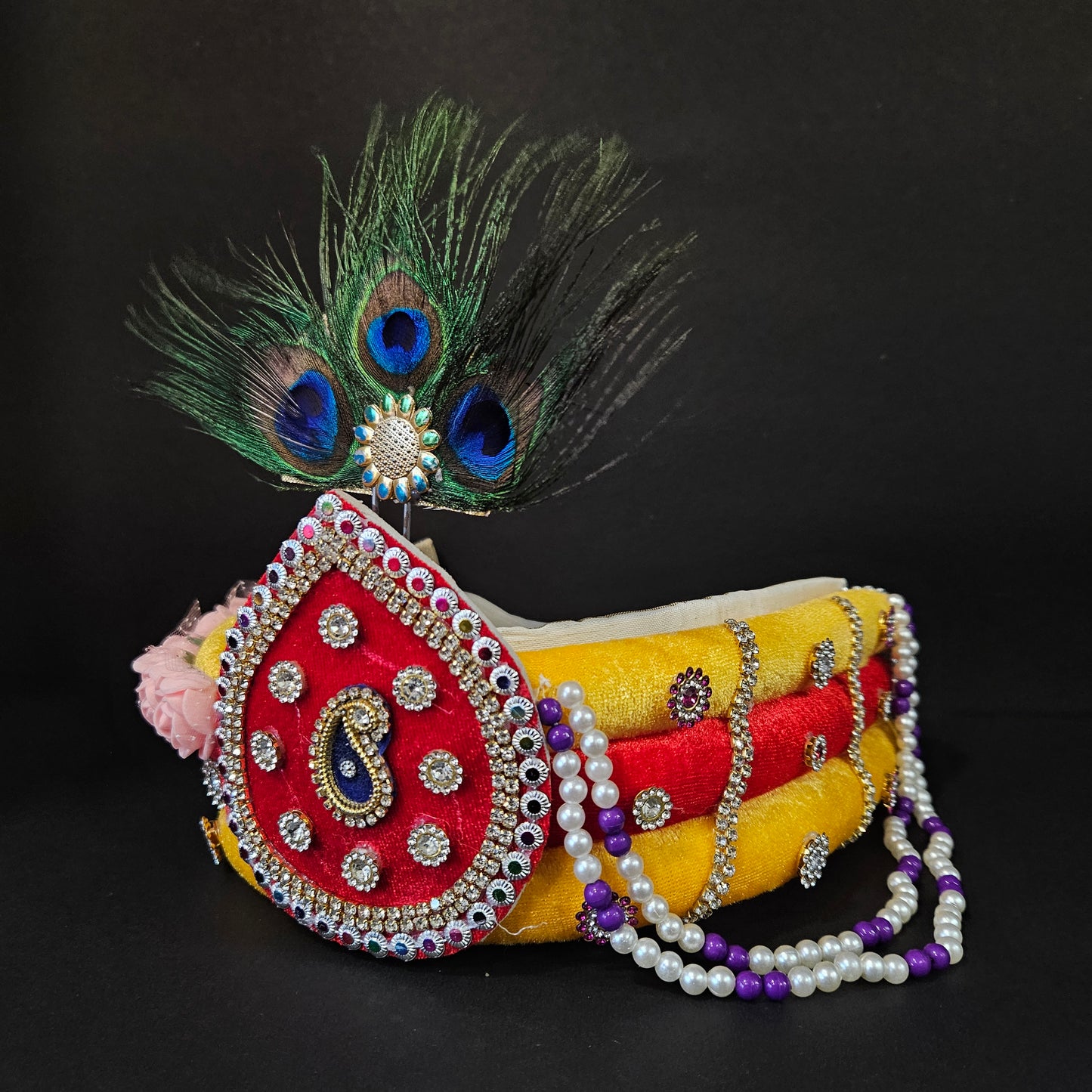 Lord krishna ji pagdi Decorated with stones & pearls decorative roses,peacock feather starp pagdi for Krishna ashtami