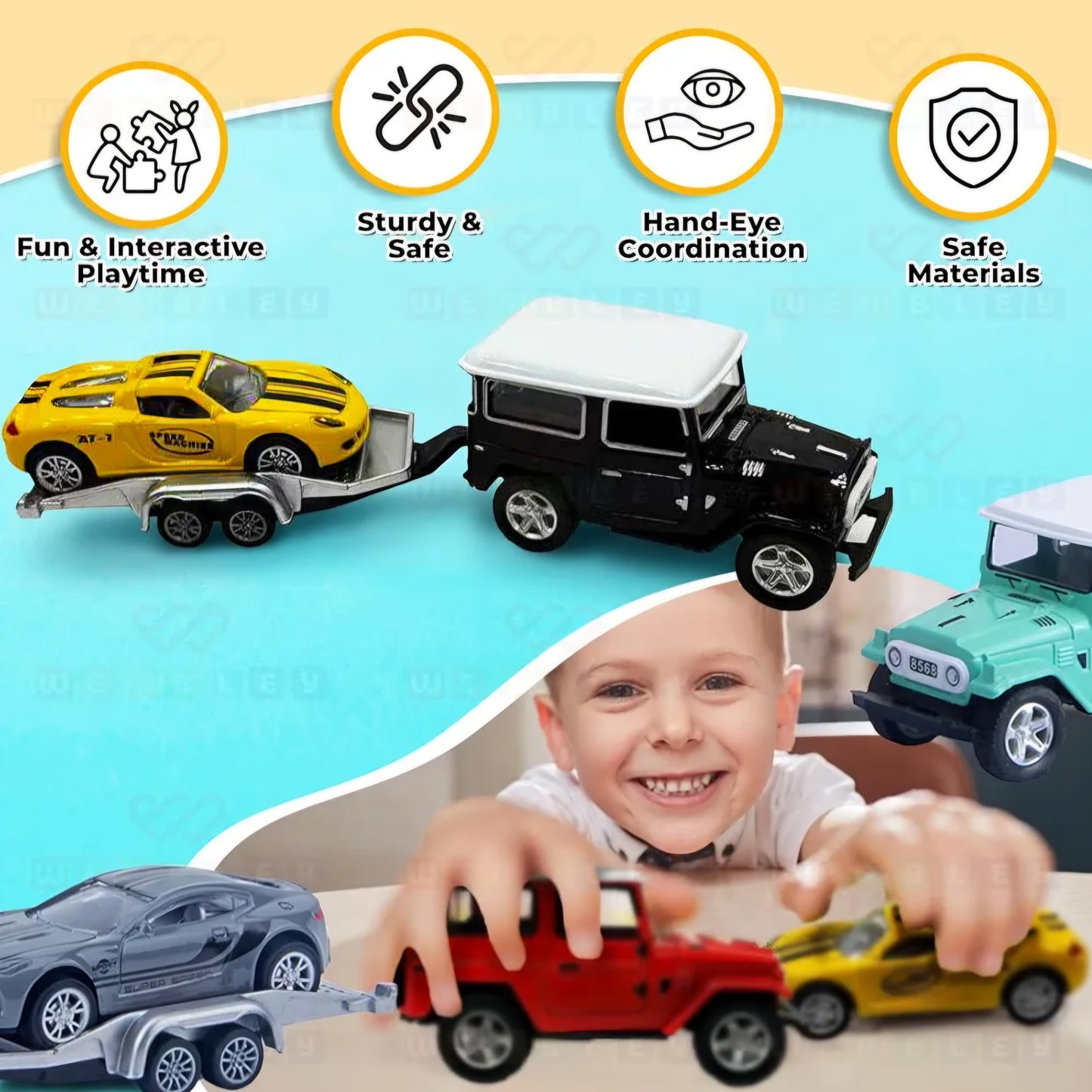 Land Cruiser Diecast Toy Car with Trailer for Kids Boys Girls Miniature Pull Back Car Vehicle Playset with Random Versatile Carrier Transportation