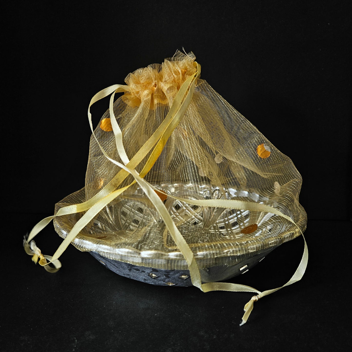 Silver coloured flowral designer basket for chocolate gift hamper