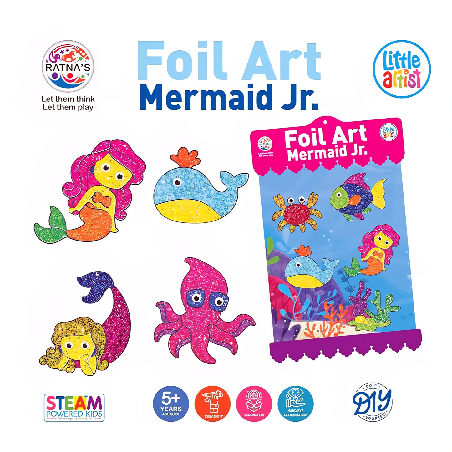 RATNA'S Foil Art Mermaid Junior Craft Kit, STEAM Powered Art & Craft Kit, Foil Fun Mess Free Creative Activity DIY Kit for Kids