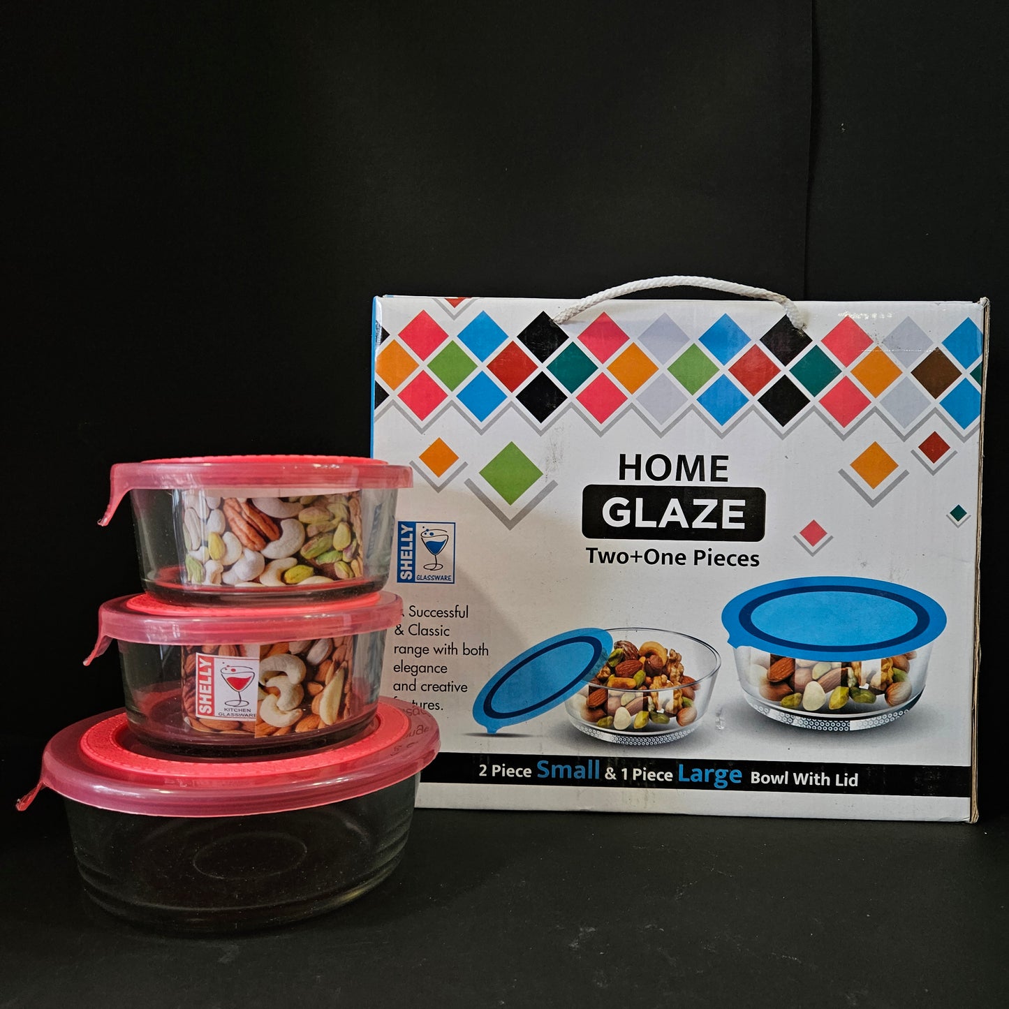 Shelly Glassware Home Glaze Two plus one pieces,2 pieces small & 1 piece Large Bowl with Lid perfect for Return gifting