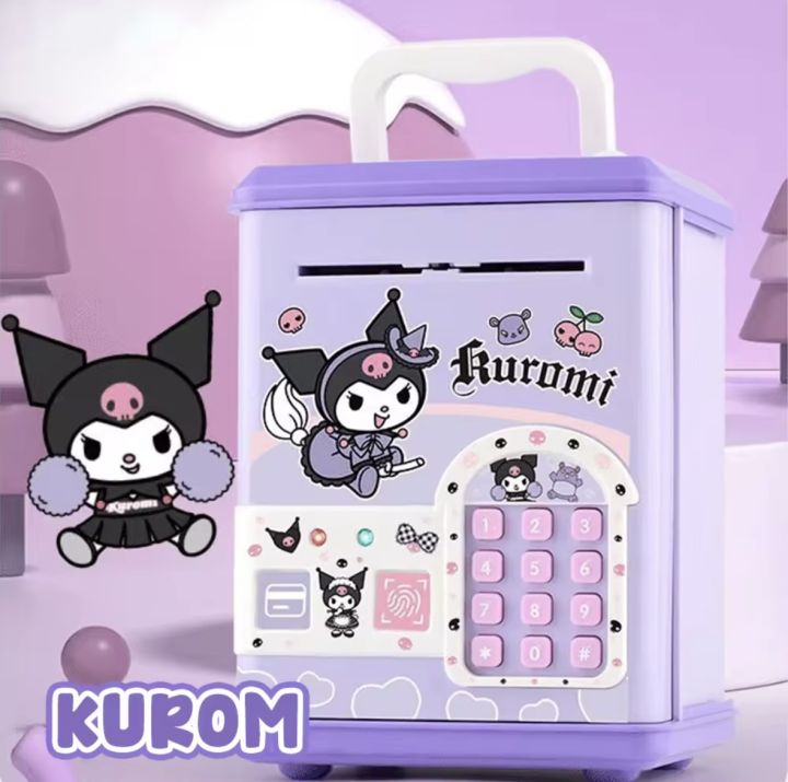 A children's piggy bank designed to look like a safe with a fingerprint sensor, featuring colorful illustrations of characters and a purple color scheme.