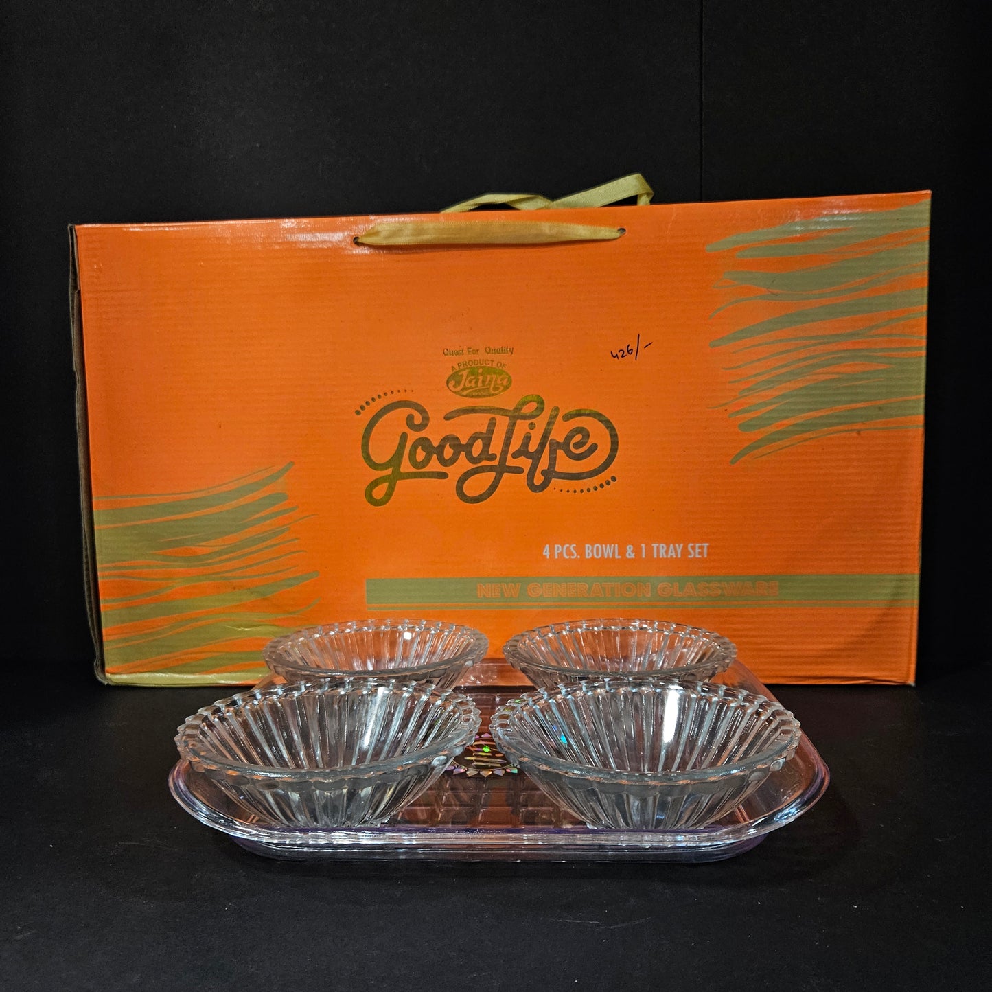 Jaina Crystal Good life 4 pieces glass bowl & 1 tray set