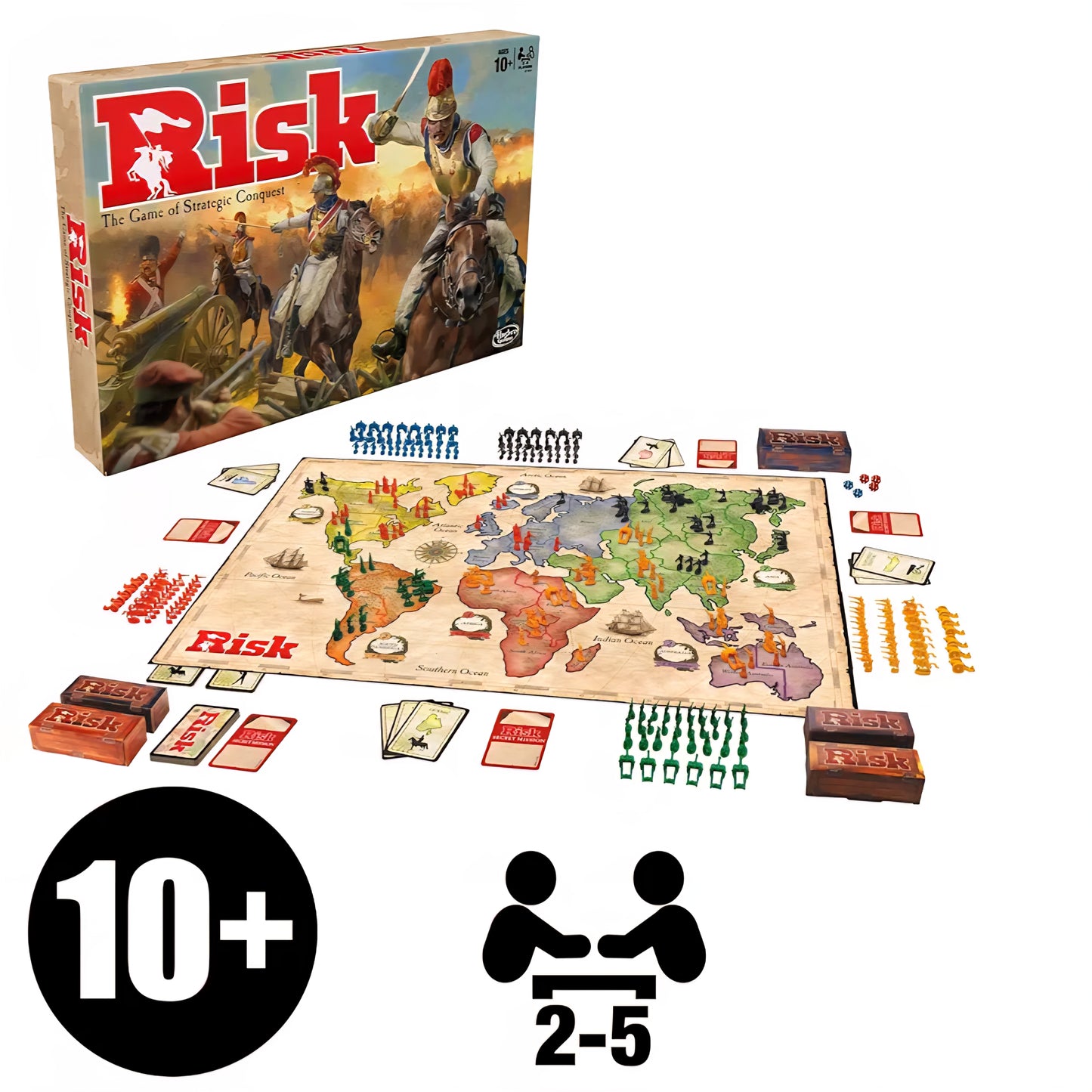 Risk Game, Strategy Board Game; Updated Figures Improved Mission Cards; War Crates; for Children Aged 10 and Up, 2-5 Players