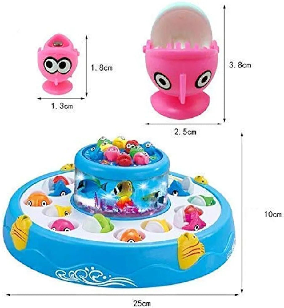 GoGo Fishing 2 layer fishing pond.16 big fishes, 10 small fishes and 4 rods.lights and music entertain kids and help in their sensory development
Cute fish catching game for all age group players .