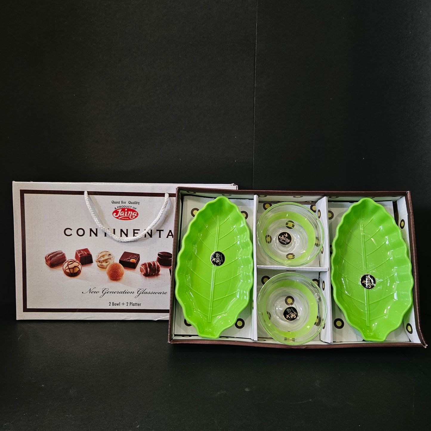 Jaina continental new generation glassware 2 bowls & 2 leaf platter set perfect for Return gifting purpose