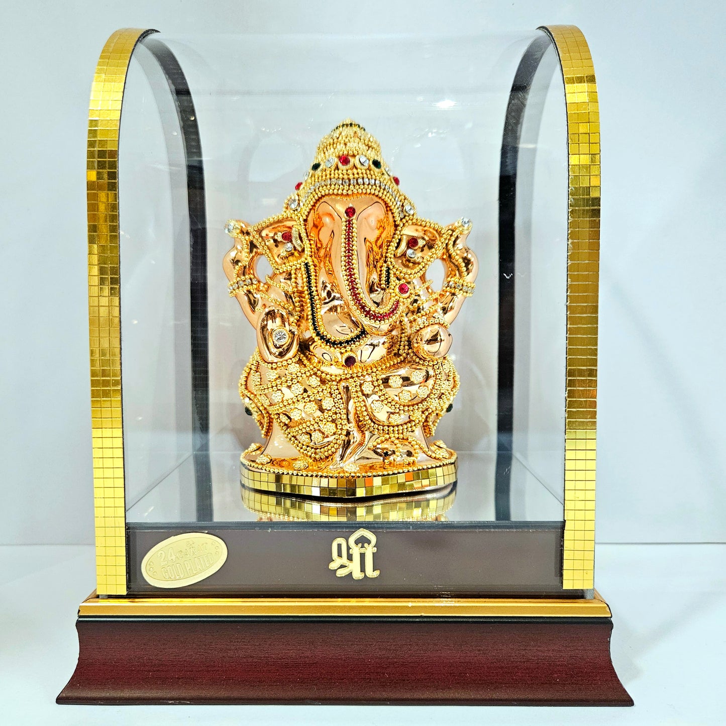 Imported 24carat Gold Plated Cabin Idol with stones Decorated of Ganesha with Full Decorate for Puja Room Or Home Decor