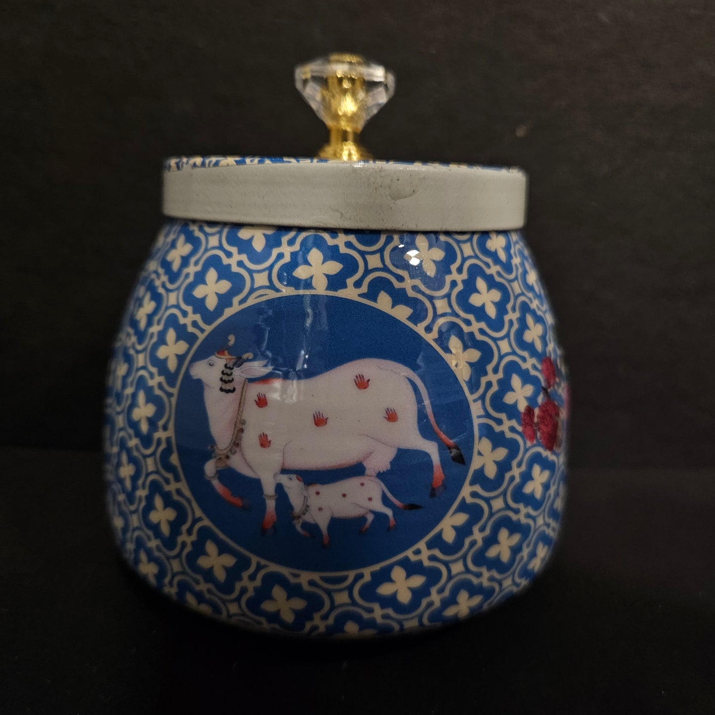 Round Shape Metal Gifting Storage Container Pichwai Jar Box Storage Box