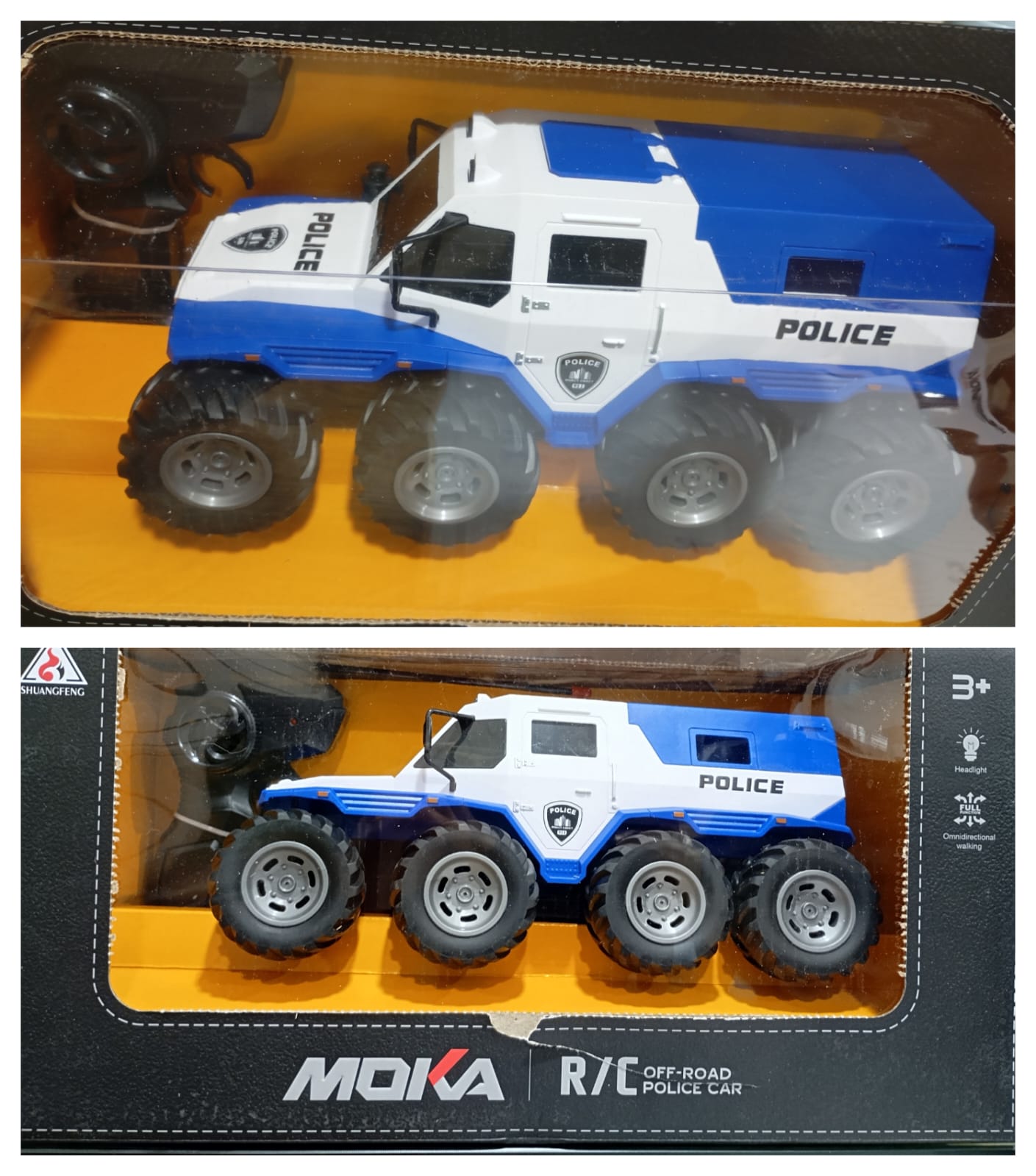 MOKA R/C Off-Road Police Car toy. It is a remote-controlled police car with 8-wheel drive.