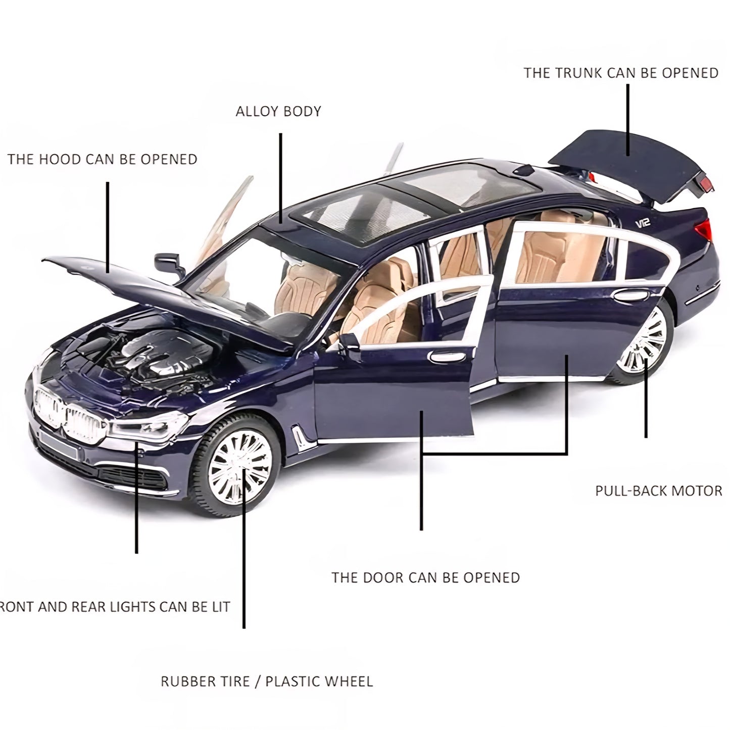 Die-Cast BMW Pull Back Sedan with 6 Openable Doors Lights & Music