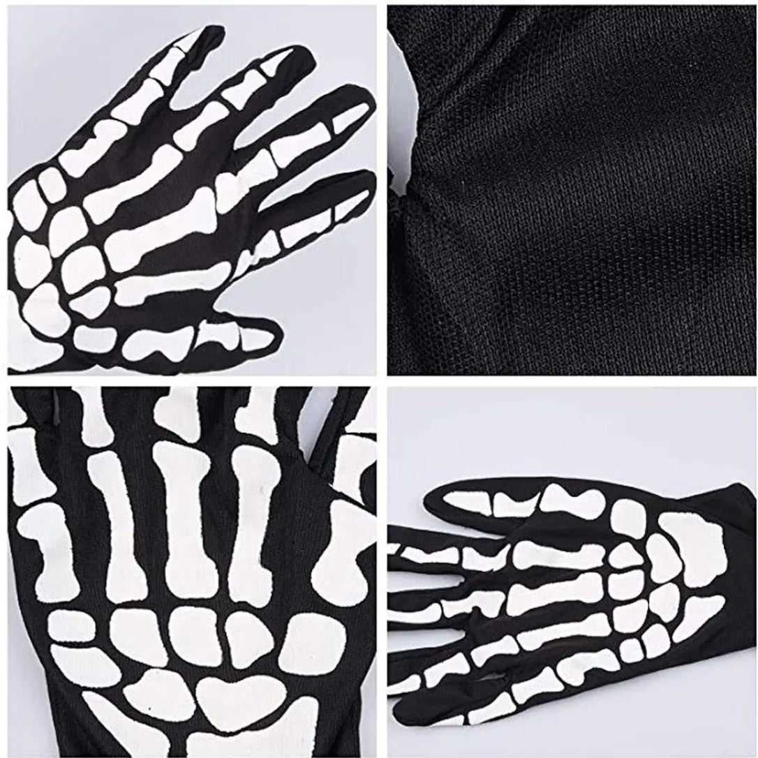 Halloween Skeleton Gloves Cosplay Costume Birthday Party Full Finger Wrist Bone Death Scary Ghost Haunt Punk Gothic Rock Mittens for Kids and Adults