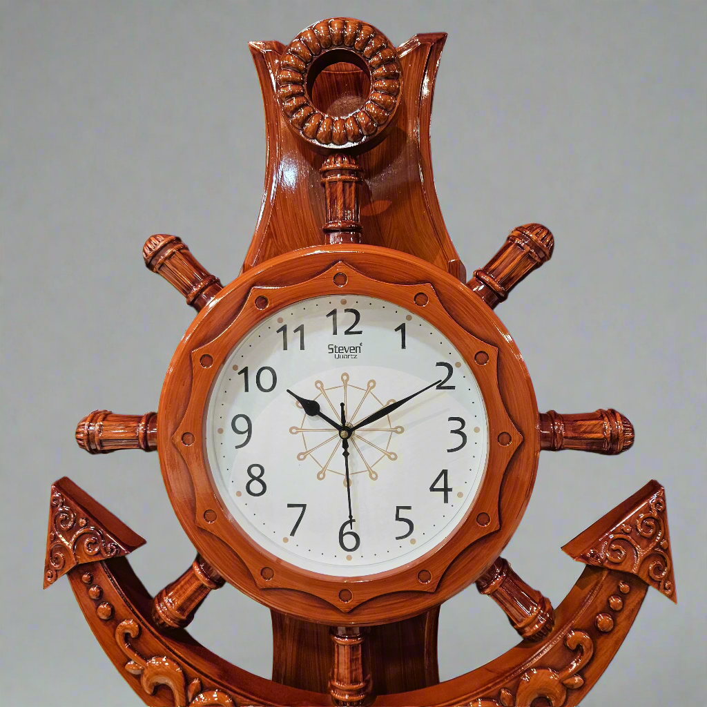 Wooden ship's wheel clock with decorative design on a dark background
