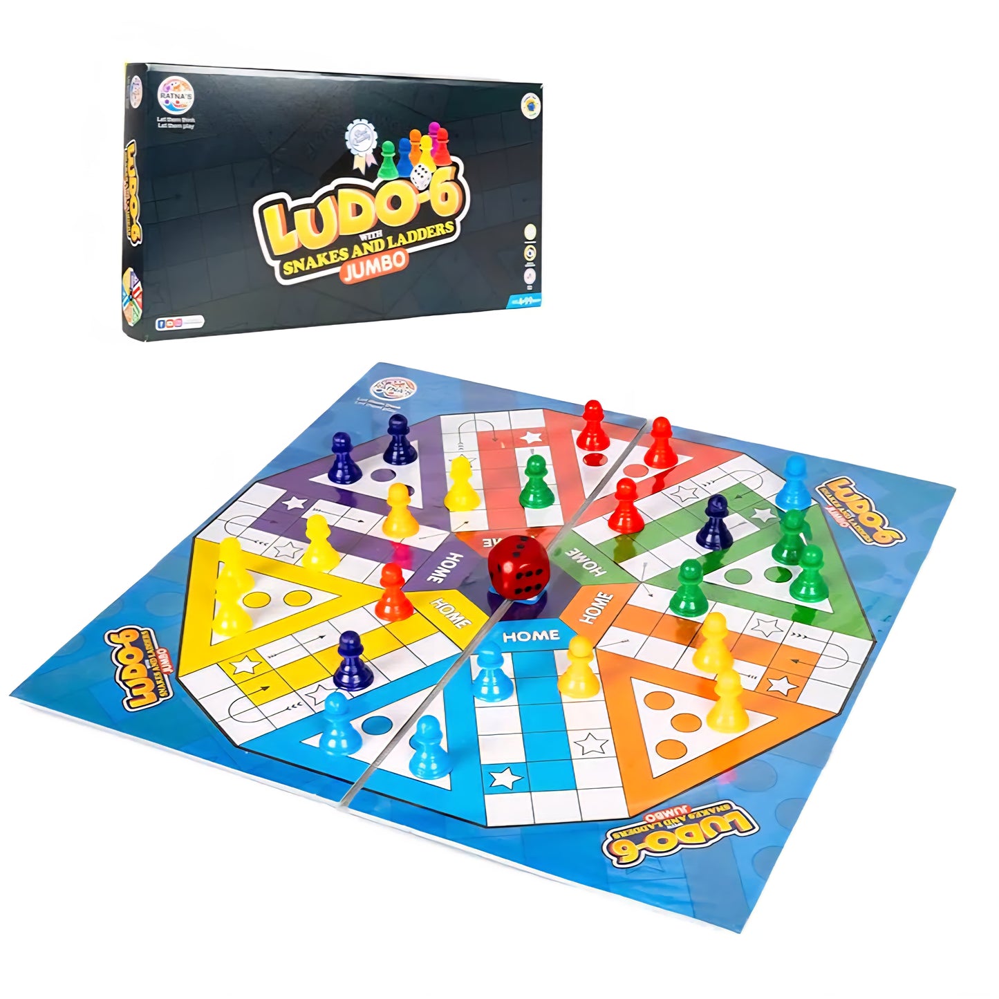 Ratna's Ludo-6 with Snakes & Ladders Jumbo Size Board Game, Double-Sided, Traditional Family Game