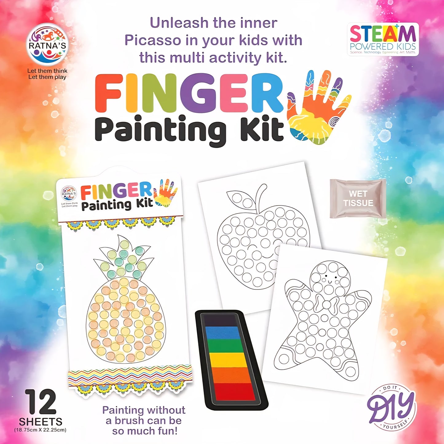 RATNA'S Finger Painting Kit STEAM Learning, 12 Sheets with 6 Colour Tray, DIY Coloring Hand Paint Art and Craft Activity Set for Kids