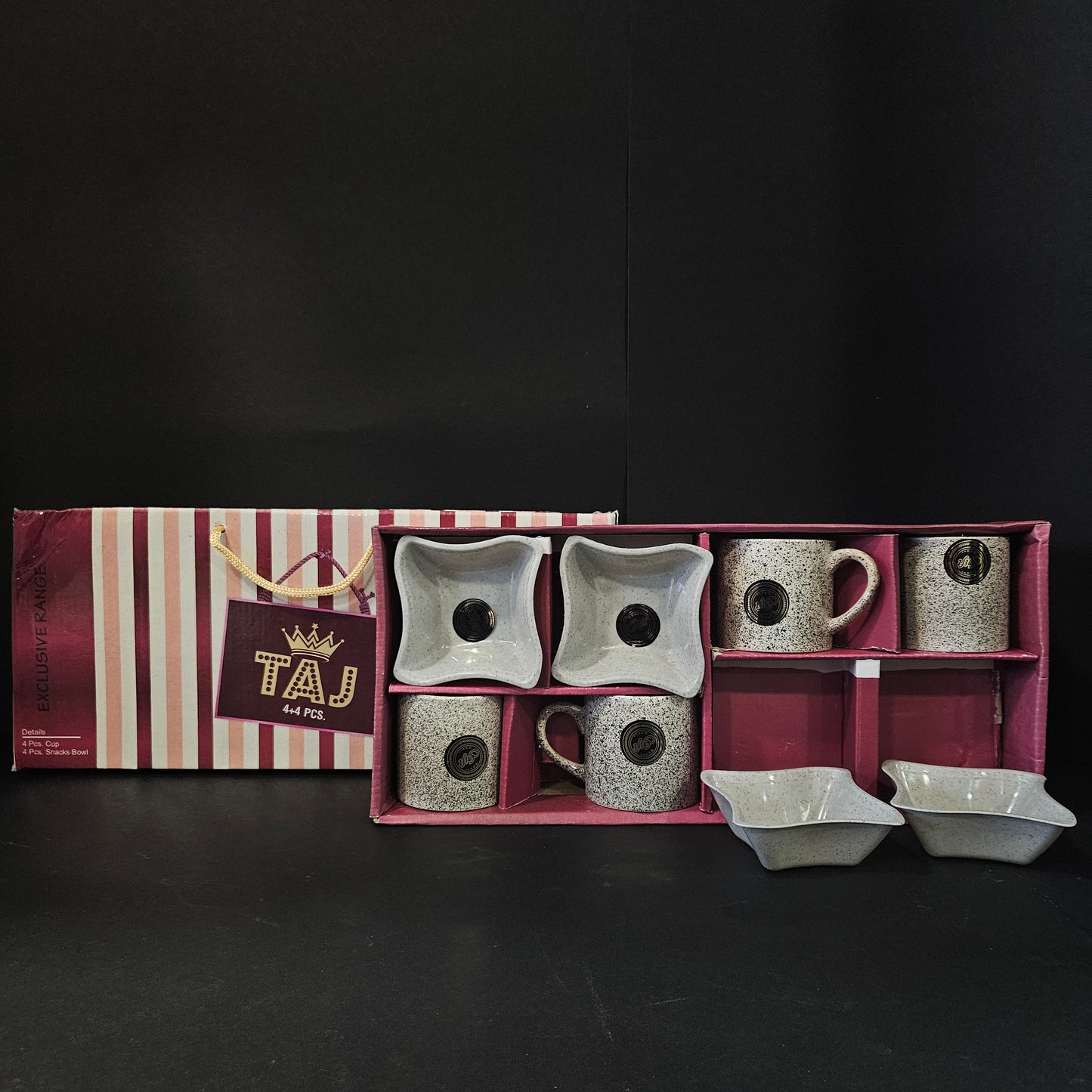 Taj expensive range 4 pieces Ceramic cups & 4 pieces snack cups perfect for Return gifting purpose