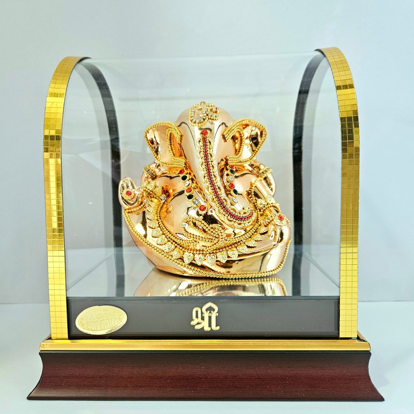 Imported 24carat Gold Plated Cabin Idol with stones Decorated of Ganesha with Full Decorate for Puja Room Or Home Decor