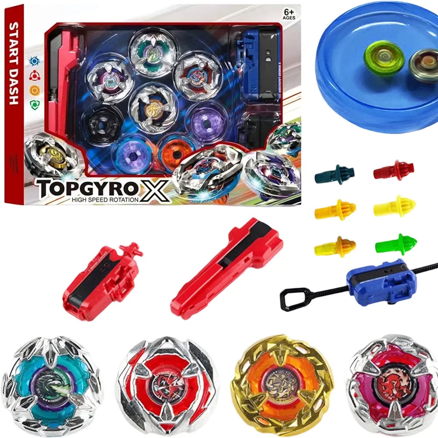 Battling Top Burst Gyro Toy Blade Battle Set with 4 Spinning Tops, 2 Launchers 1 Rapicords, Portable Storage Box, for Kids Ages 6+