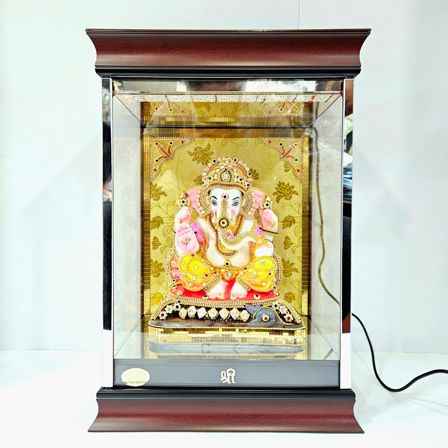 Imported 24carat Gold Plated Cabin Idol with stones Decorated Hand Made Sculpture of Ganesha with Lighting Full Decorate for Puja Room Or Home Decor