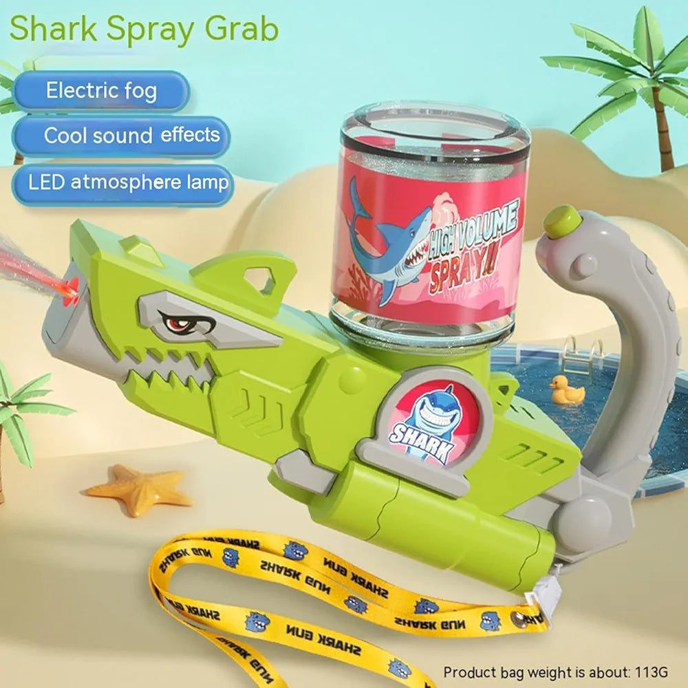 Dinosaur pistol Shark Mist Spray Water Toy, designed for children aged 3 and up.a playful shark design and sprays The toy is made of durable, non-toxic plastic and is suitable for outdoor activities like play