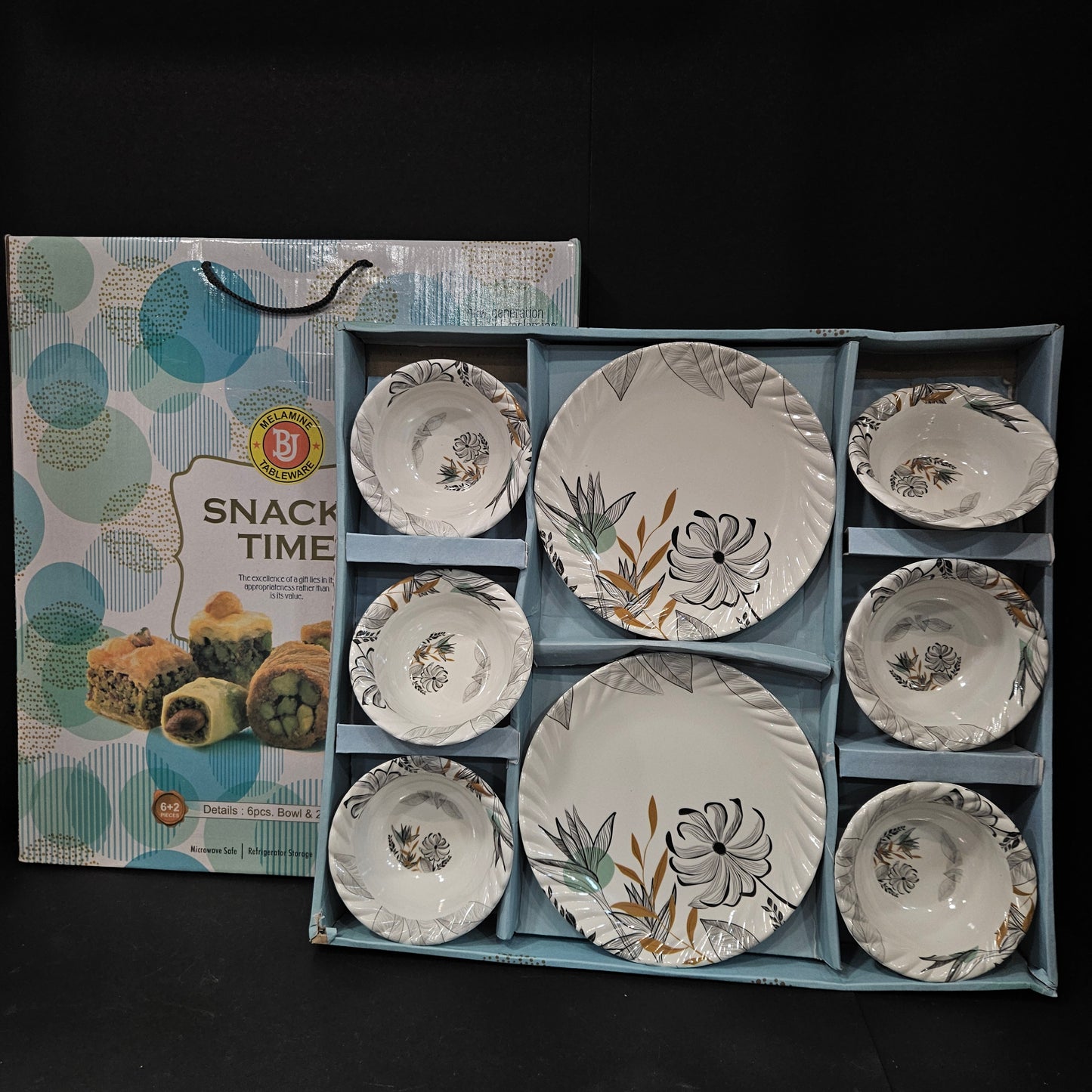 Melamine Tableware snack time Exclusive 6 piece cups & 2 designer snack platters