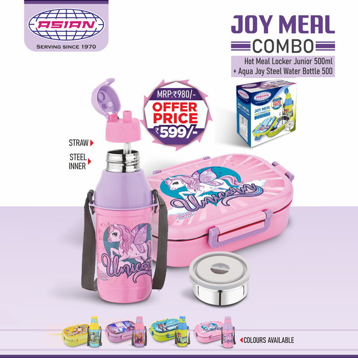 Asian Unicorn Themed Combo pack joy meal Combo hot meal Locker junior 500ml & Aqua joy Steel Water Bottle