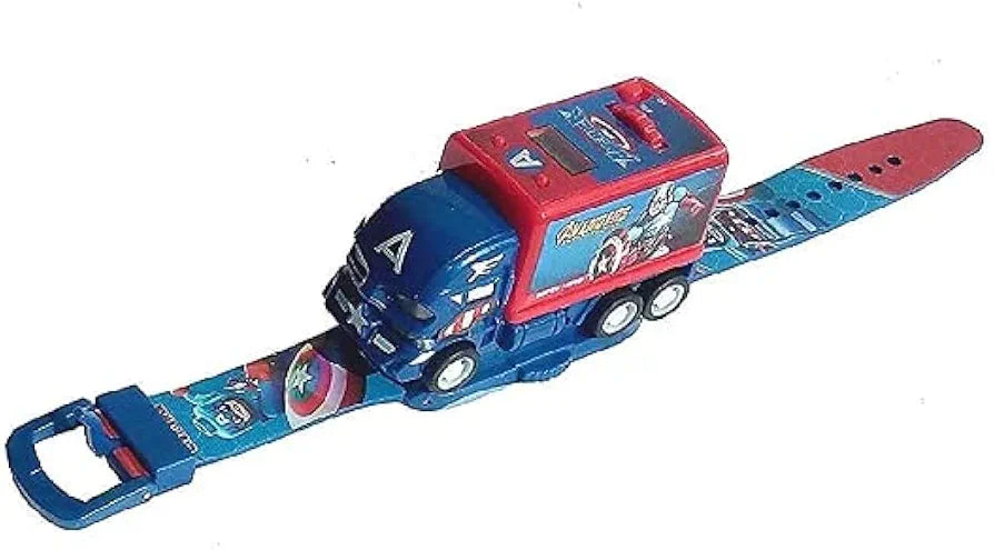 Super Action Figure Caption a Shield Hero of amrica| Truck Car Shaped Pull Back 6 Images Projector Toy Wrist Watceh for Kids| Different Images Projection with Detachable Moving Truck Toy Watch