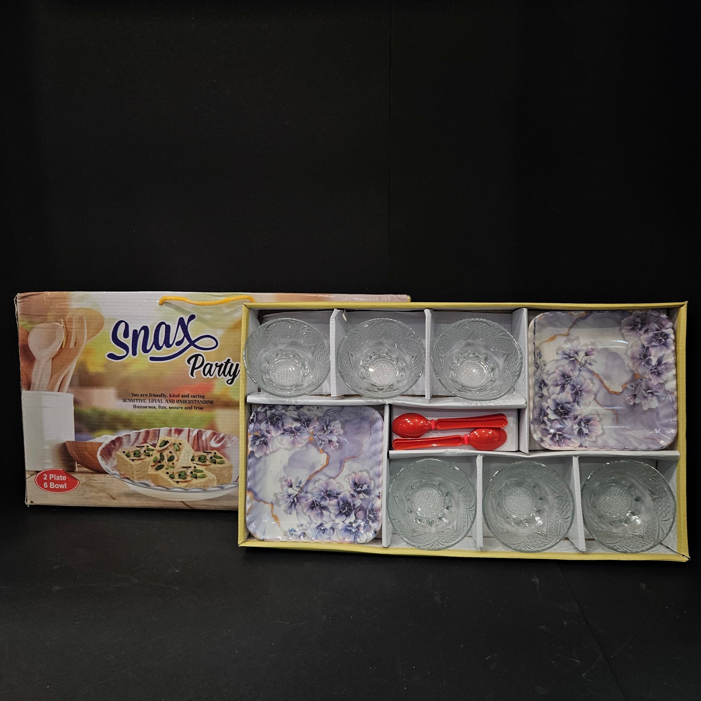 Color snax party 6 glass bowls,Spoons&2snack platters