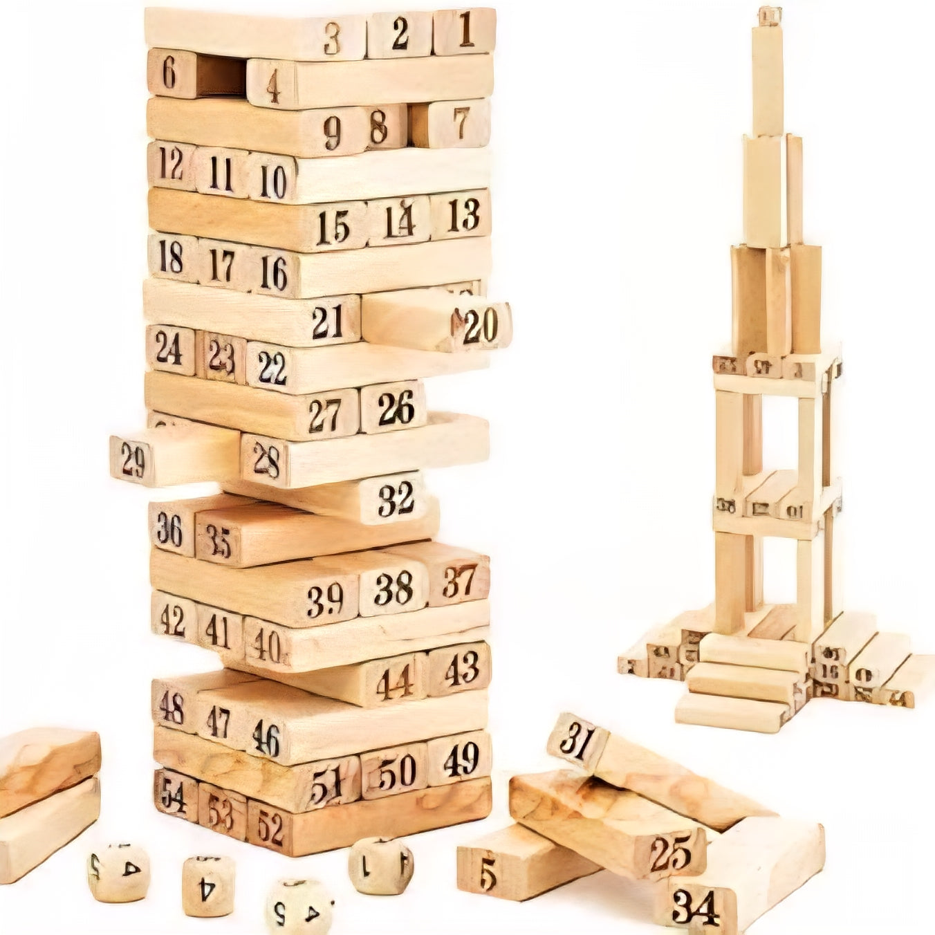 Wooden Building Blocks Puzzle Game 54 Pcs Challenging 4pcs Dice Wooden Blocks Stacking Game Maths,Tumbling Tower 54 Pcs with 4 Dices Game for Adults & Kids.