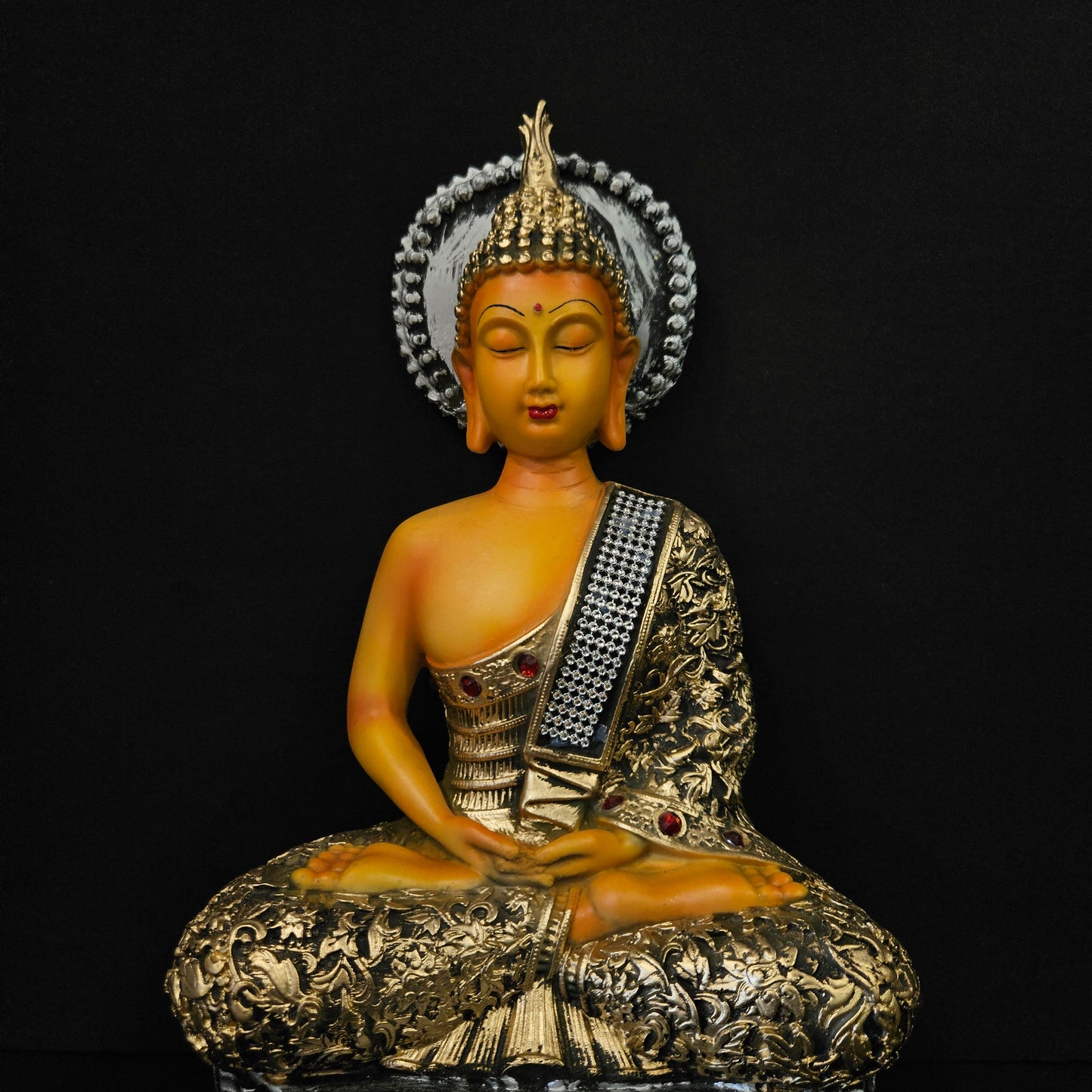 Buddha Statue for Home Decor Tabletop Decoration Item with attractive elegant look Decorated with stones on base Buddha gold idol