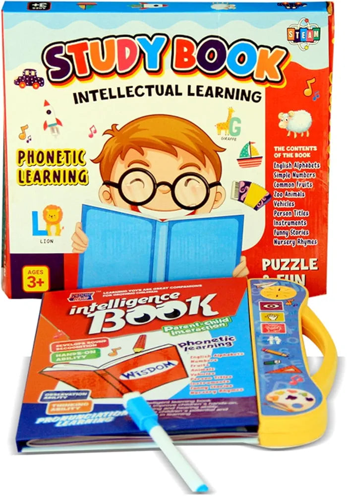 Study Book Intellectual Learning" is an educational toy designed for children ages 3 and up. It focuses on phonetic learning and includes a variety of topics to engage young learners.
