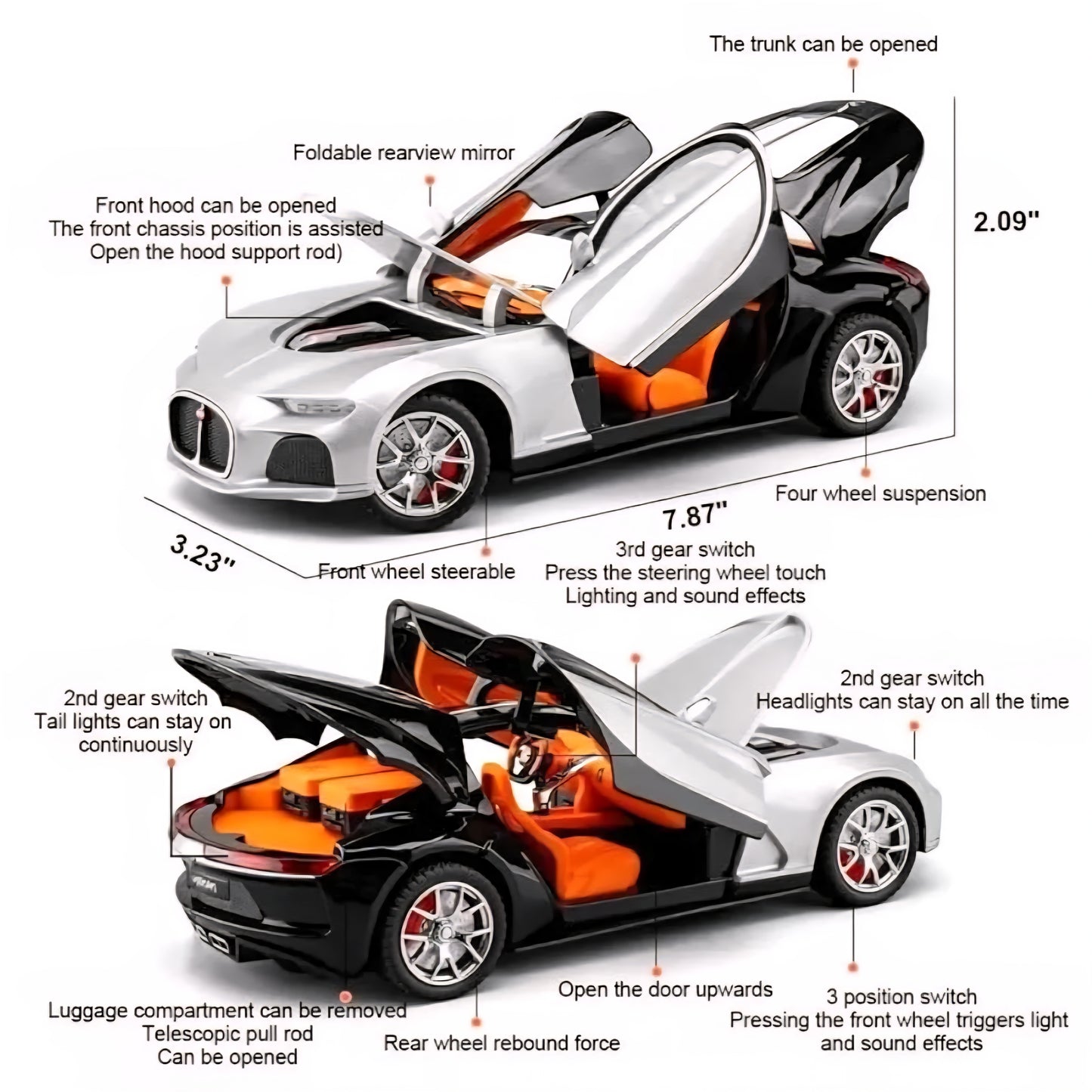 Bugatti Atlantic Diecast Model Car Alloy Metal Pull Back Die-Cast Car Pullback Toy with Openable Doors Light and Music Gift Toys for Kids - Silver/Black