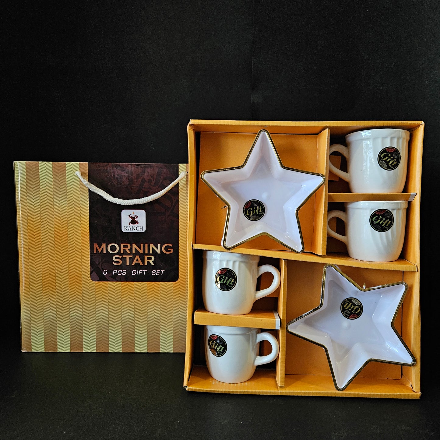 Kanch Morning Star 6 pieces Ceramic cups & star Shaped snack bowl
