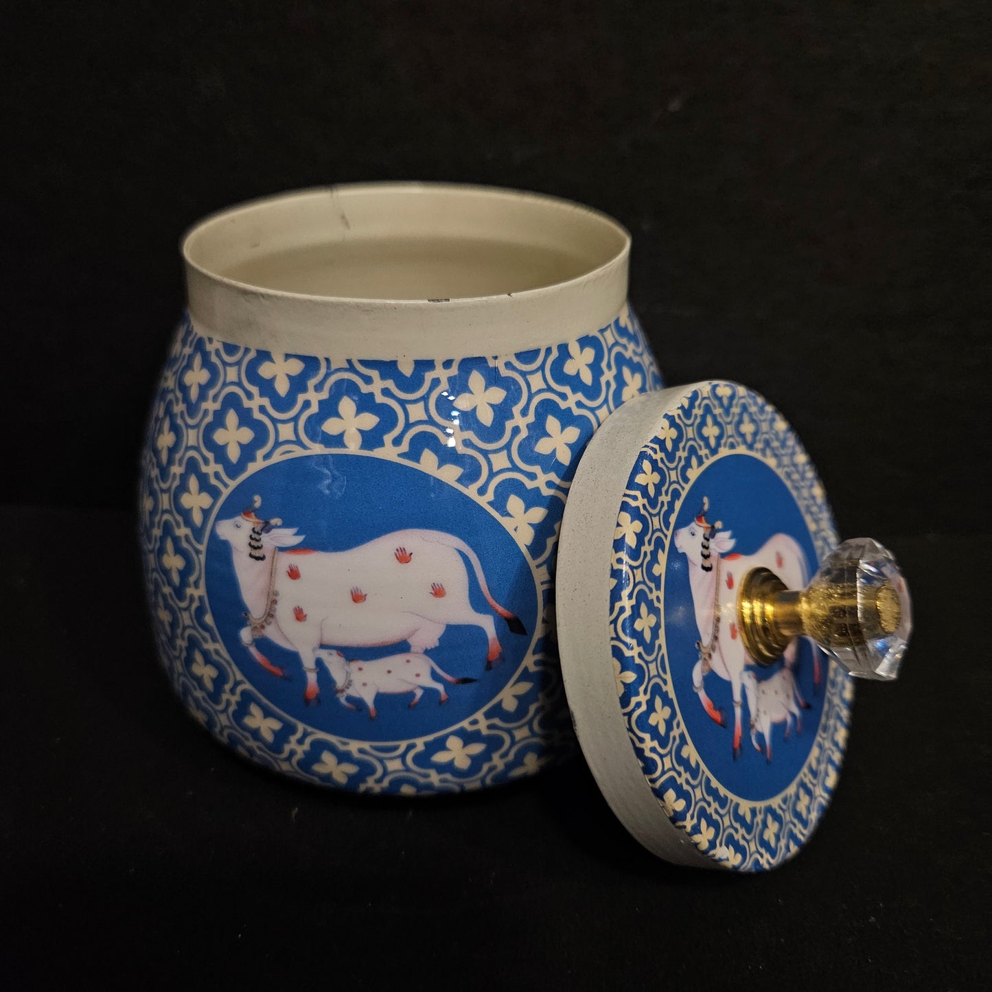 Round Shape Metal Gifting Storage Container Pichwai Jar Box Storage Box