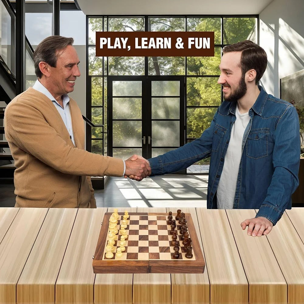 Wooden Handcrafted Foldable Magnetic Chess Board Set with Magnetic Pieces and Extra Queens for 2 Players Kids and Adults