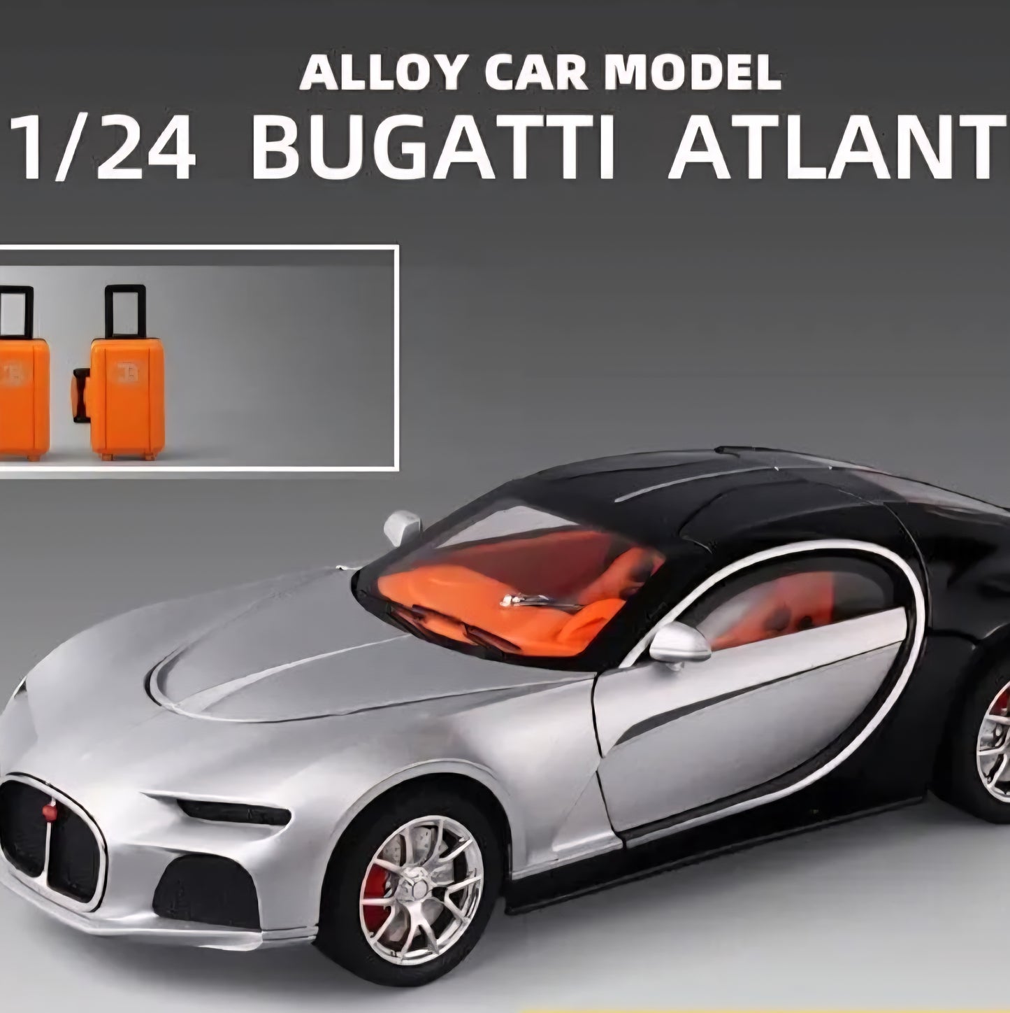 Bugatti Atlantic Diecast Model Car Alloy Metal Pull Back Die-Cast Car Pullback Toy with Openable Doors Light and Music Gift Toys for Kids - Silver/Black