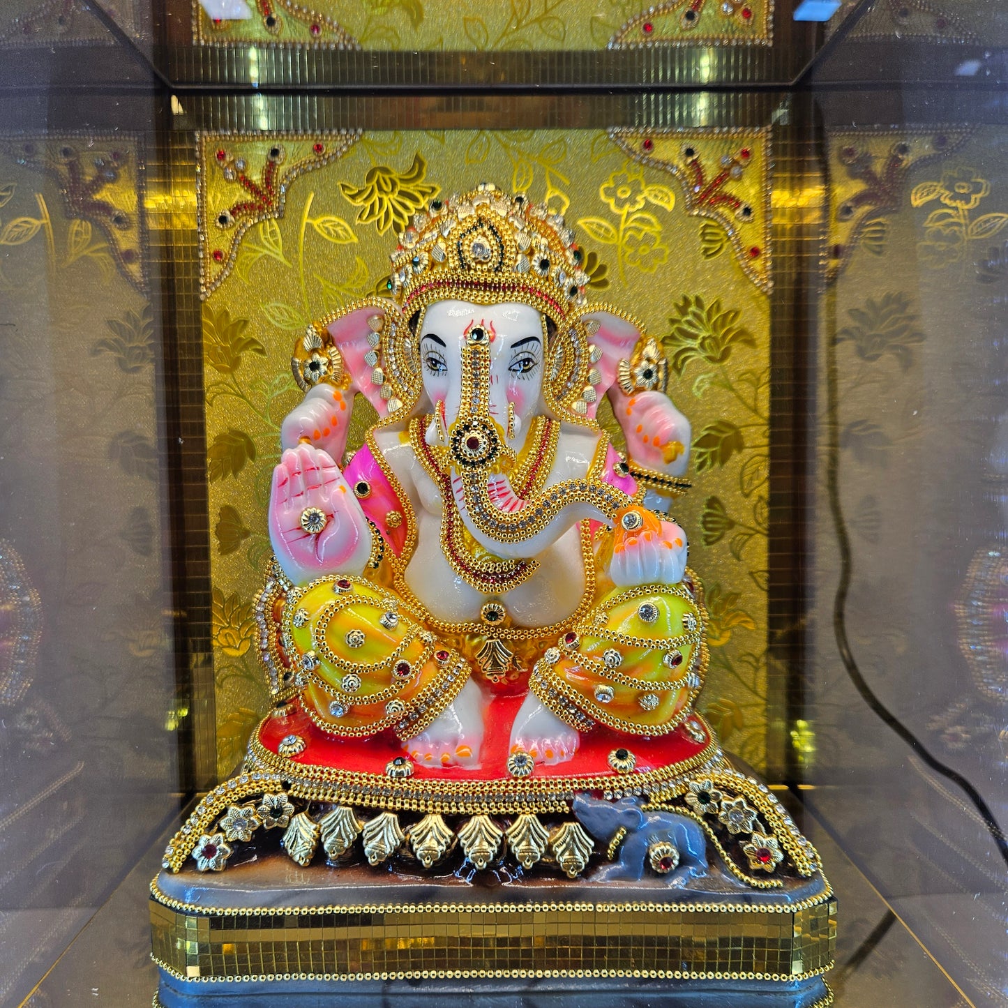 Imported 24carat Gold Plated Cabin Idol with stones Decorated Hand Made Sculpture of Ganesha with Lighting Full Decorate for Puja Room Or Home Decor