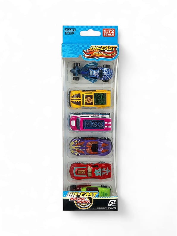 set of six die-cast speed racing cars. Die-cast toys are made by injecting molten metal into a mold. They are often detailed and durable, appealing to both collectors and children.