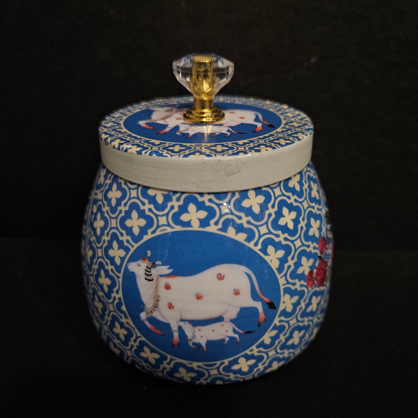 Round Shape Metal Gifting Storage Container Pichwai Jar Box Storage Box