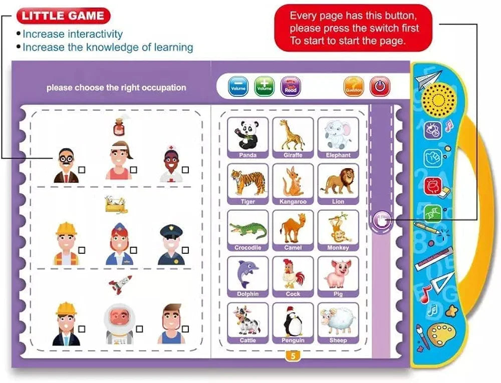Study Book Intellectual Learning" is an educational toy designed for children ages 3 and up. It focuses on phonetic learning and includes a variety of topics to engage young learners.