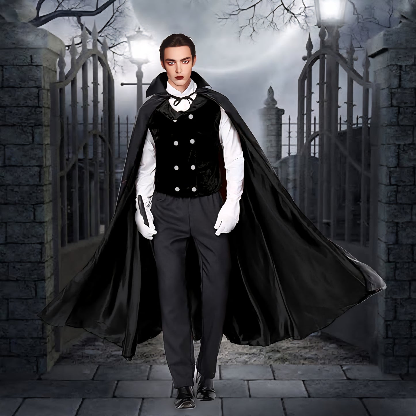 Men's Black Cape Vampire Costume High Collar Long Vampire Cape for Halloween Cosplay Party(ADULTS)