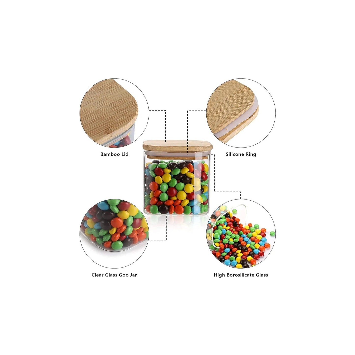 500 ML Borosilicate Glass Jars with Silcone Seal Airtight Bamboo Lids Tea Container Clear Kitchen Storage Jar with Bamboo Shelf Kitchen Canister Set, 1 Pieces, Clear