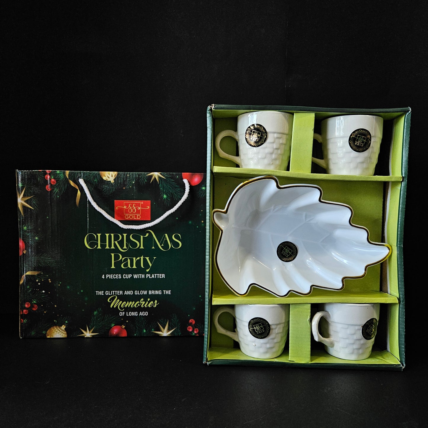 Ss gold Christmas party 4 pieces ceramic cup with platter the glitter and glow bring the memories