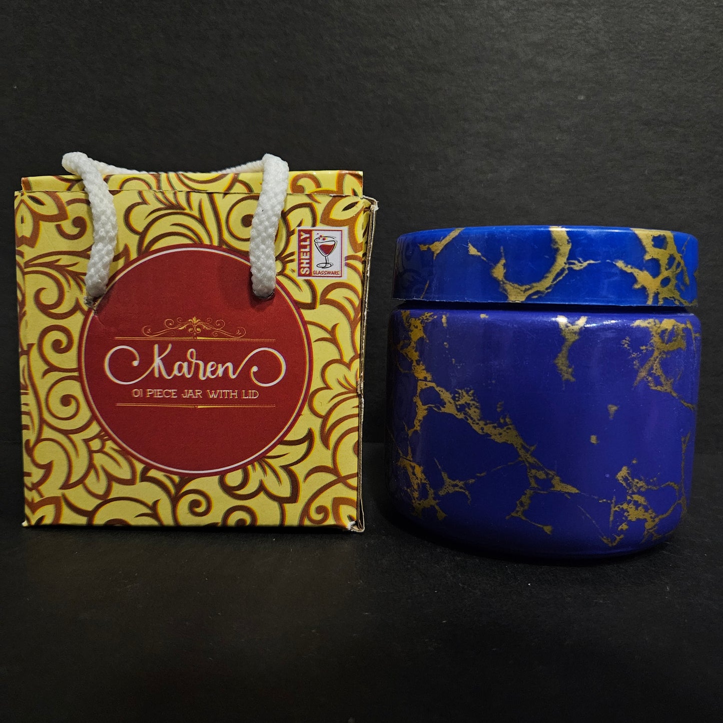 Karen glass jar with gold&blue coloured jar with Lid