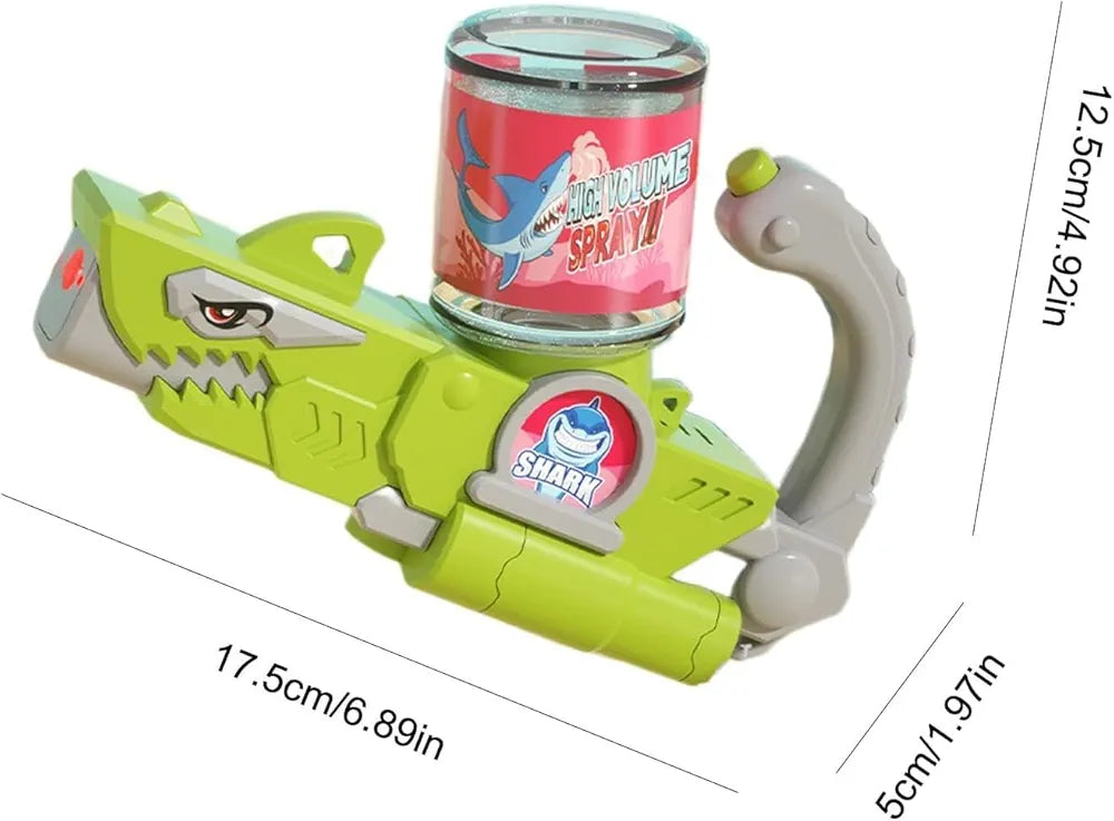 Dinosaur pistol Shark Mist Spray Water Toy, designed for children aged 3 and up.a playful shark design and sprays The toy is made of durable, non-toxic plastic and is suitable for outdoor activities like play
