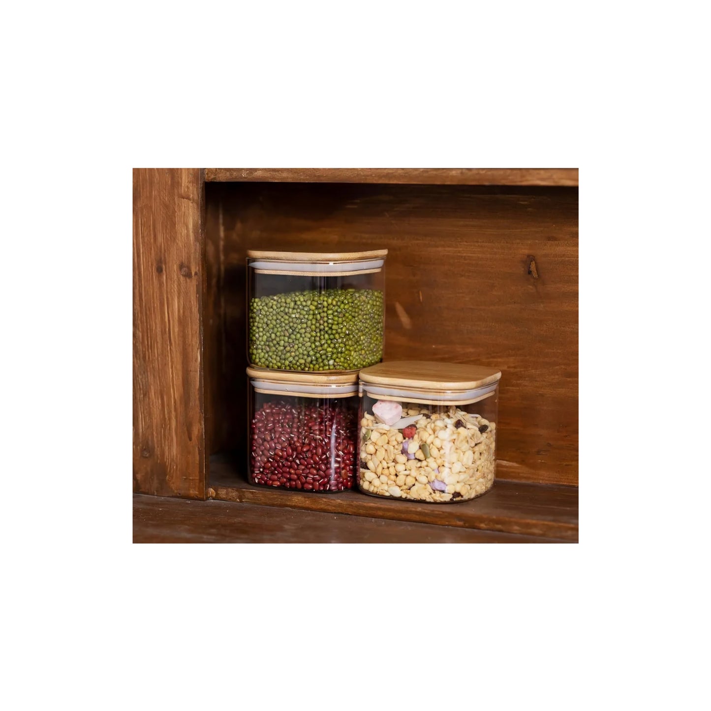 230ML Square Borosilicate Glass Jars With Silcone Seal Airtight Bamboo Lids Tea Container Clear Kitchen Storage Jar Square Containers For Sugar Tea Storage Jar Set Of 3