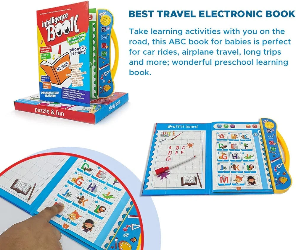 Study Book Intellectual Learning" is an educational toy designed for children ages 3 and up. It focuses on phonetic learning and includes a variety of topics to engage young learners.