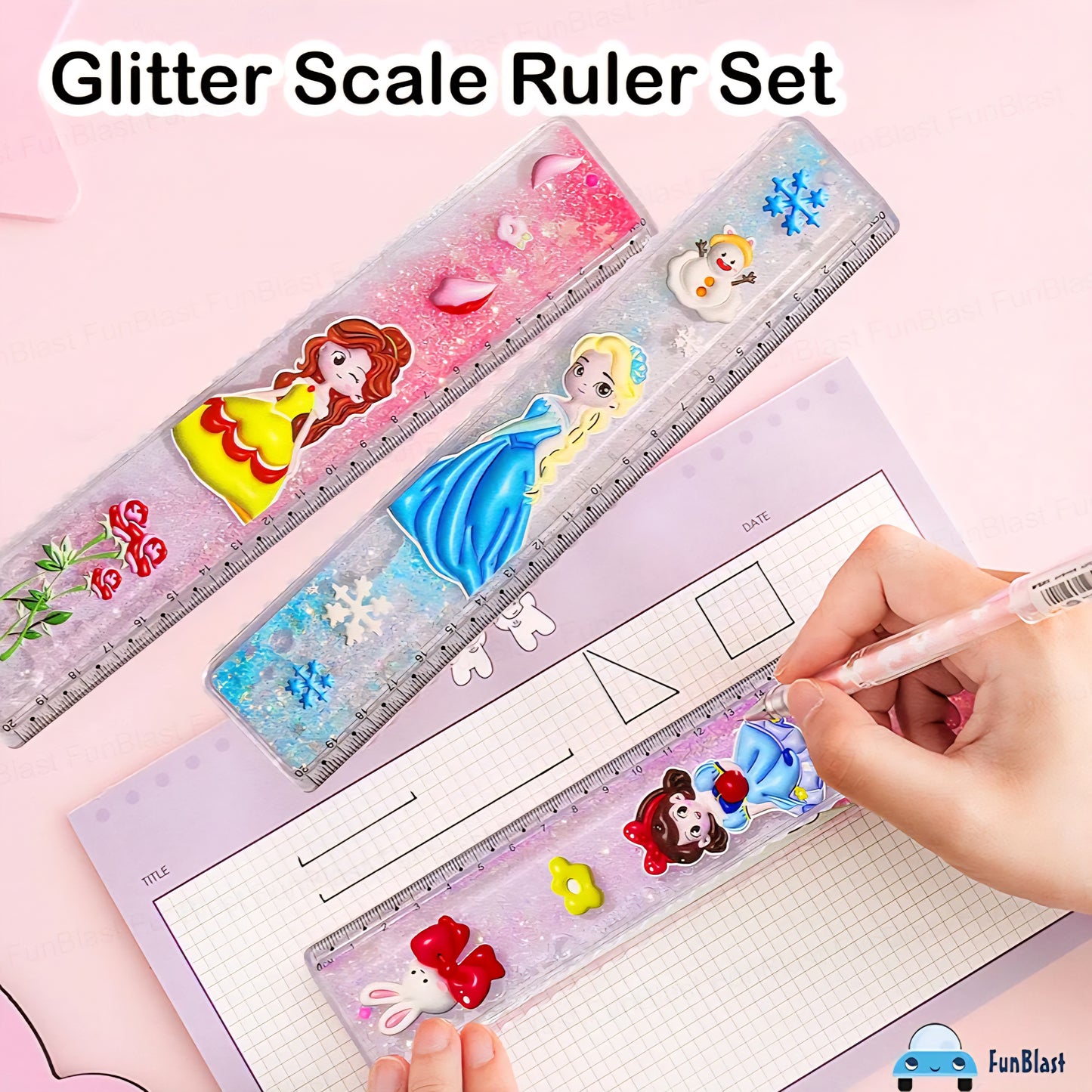 Kids Glitter Scale Ruler Set - Cute Scale for School Stationery Princess