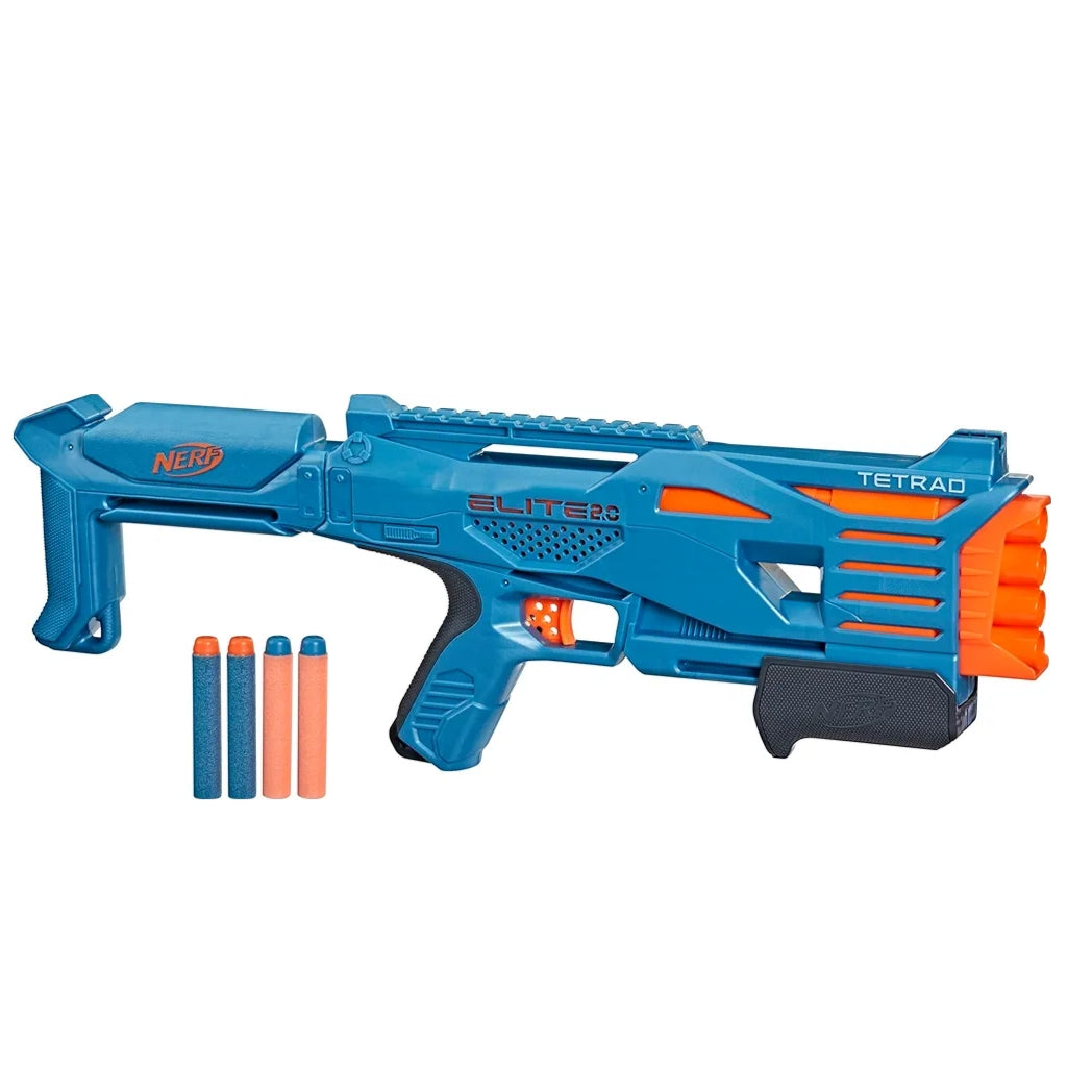Nerf Elite 2.0 Tetrad QS-4 Blaster, 4 Elite Darts, 4-Barrel Blasting, Tactical Rail for Customizing Capability